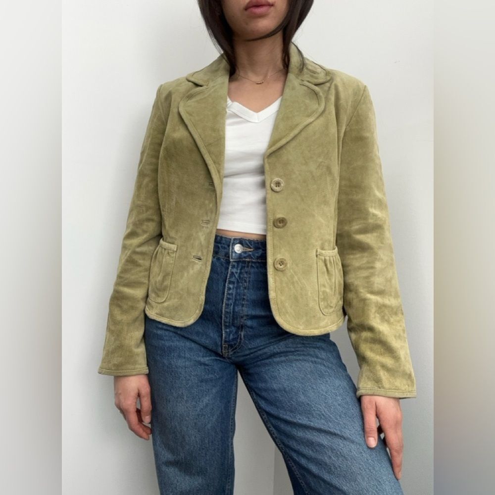 Vintage Live A Little Y2K Chartreuse Green Suede Leather Blazer Jacket Size M - Picture 4 of 9